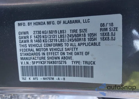 2019 Honda Ridgeline Rtl-E из США, поврежденный, VIN 5FPYK3F76KB015276